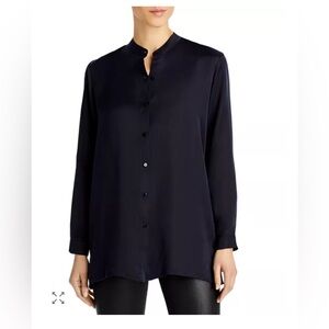 Eileen fisher black silky button up mandarin collar tunic blouse - M